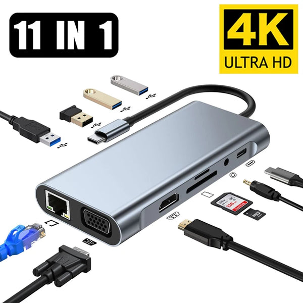 11-in-1 Type-c USB 3.0 Hub Laptop Docking Station Type C to 4K HDMI-Compatible VGA PD RJ45 1000M Adapter for MacBook Pro Air and Other Laptops