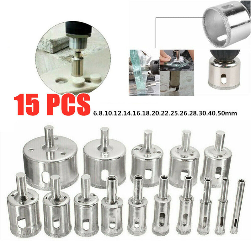 15pcs 6-50mm Tile Diamond Drill Bit Set Diamond Coated Tile Marble Glass Ceramic Hole Saw Drilling Bits Hole Drilling Bit Set