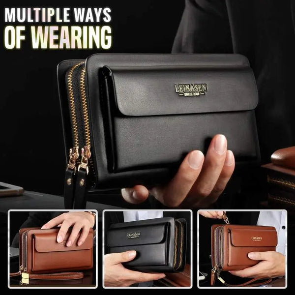 Men Top Cowhide Double Zipper Luxury Clutch Bag Wallets with Large Capacity pocket zipper Double Zipper Male Wallet Purse Coin