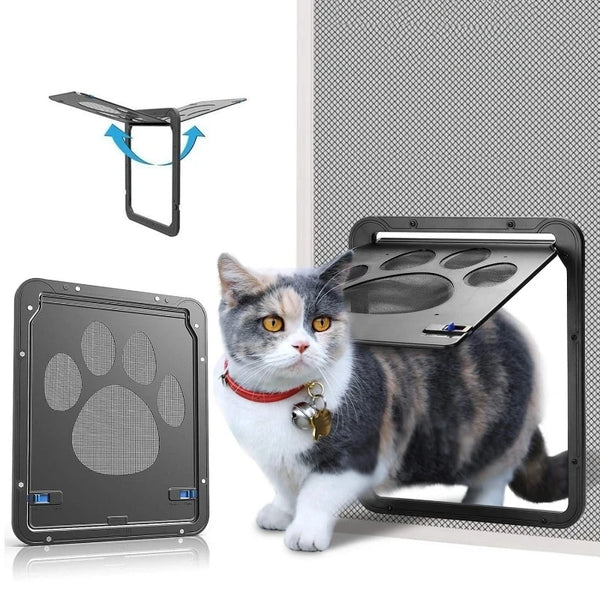 Cat Screen Door Lockable Self-Closing Function Sturdy Pet Door Easy Safe Freely Enter House from Outdoor Garden Window