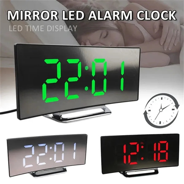 Curved Screen Mirror Large Digital LED Alarm Clock with Temperature Display