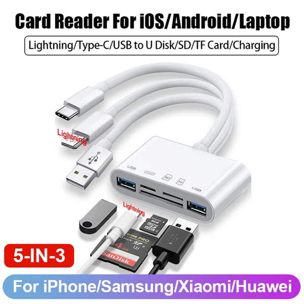 Lightning to SD TF Memory Card Reader 5 in 3 Type-c Lightning USB OTG Adapter with Charging Port for iPhone iPad Xiaomi Samsung MacBook