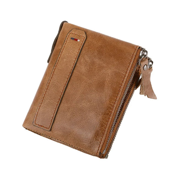 Crazy Horse Leather Wallet Purse Card Holder Short Wallets with Double Zipper Pocket