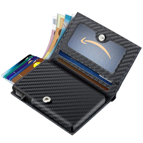 Top Grade Carbon Fiber Leather Wallet Credit Card Holder Slim Fit Pop Up Metal Wallet with RFID Blocking Minimalist