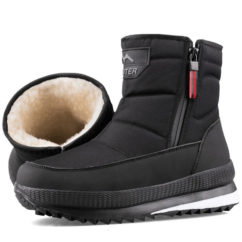 Men's Waterproof Wool Warm Cotton Zipper Snow Ankle Boots Black