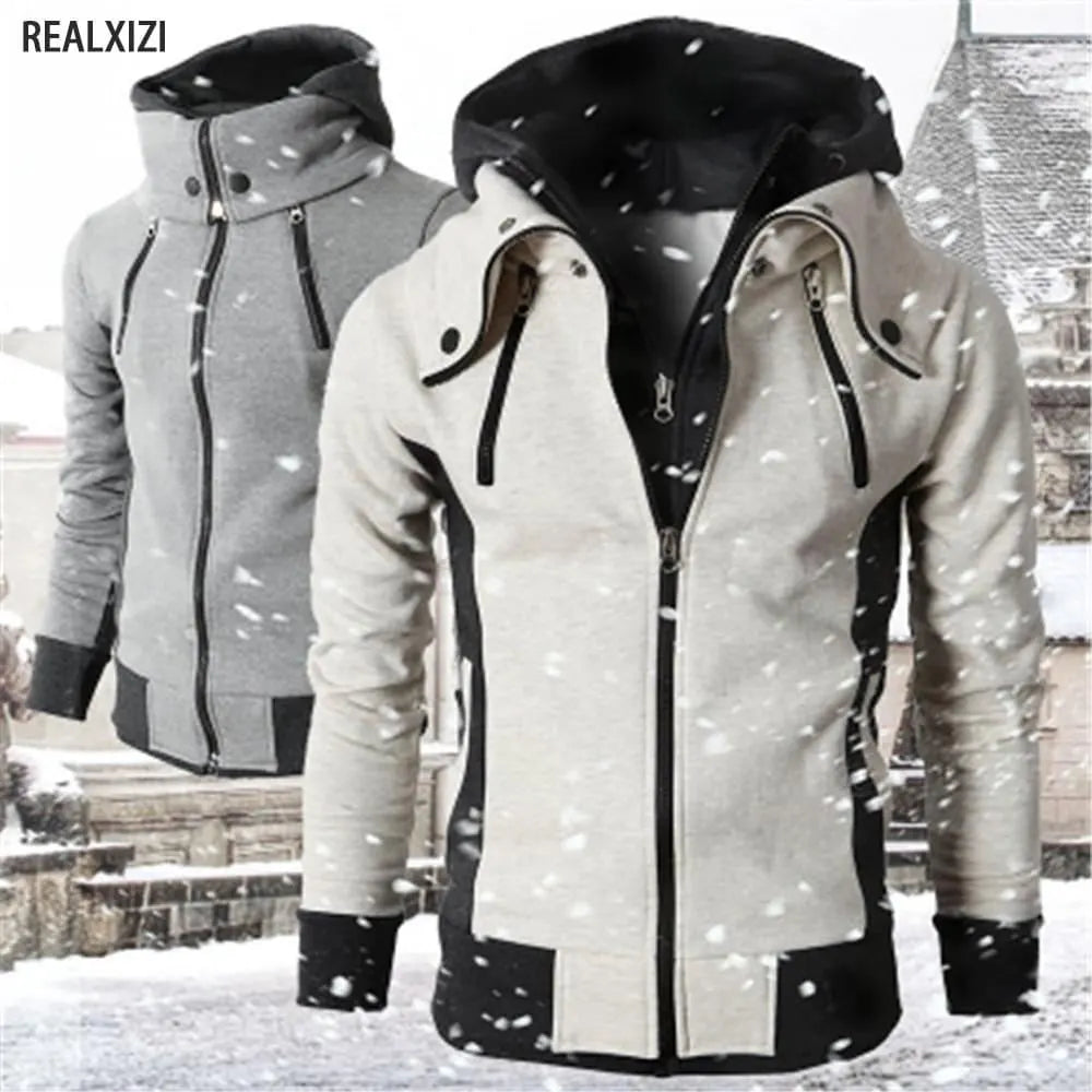 Men's Zipper Jackets Warm Bomber Jacket Autumn Winter Casual Fleece Double Zip Coats Fashion Hooded Male Outwear Slim Fit Hoody