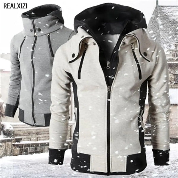 Men's Zipper Jackets Warm Bomber Jacket Autumn Winter Casual Fleece Double Zip Coats Fashion Hooded Male Outwear Slim Fit Hoody