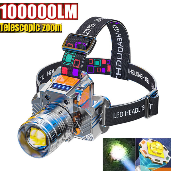 100000Lumens 4-Core White Laser light Super Bright Zoom Sensor Headlamp Built-in 2Pcs 5000mAh Rechargeable Battery