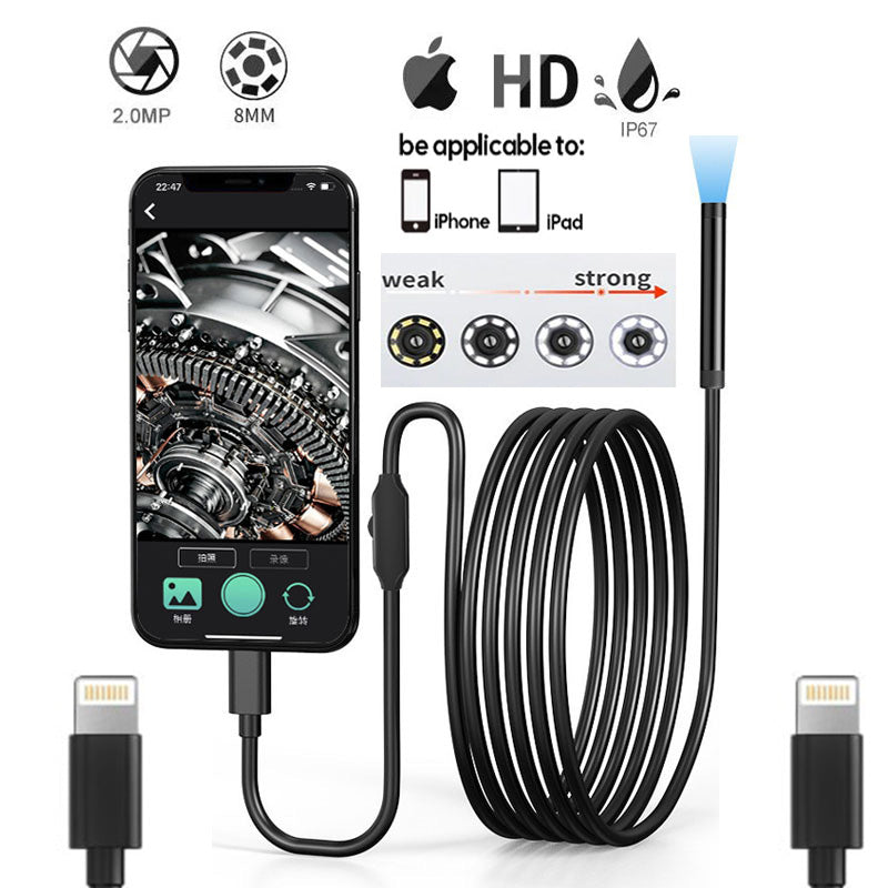 8mm HD iPhone/iPad Endoscope Camera Rigid Cable IP68 Waterproof Lens Pipeline Inspection Borescope For iOS System