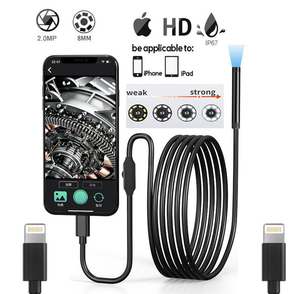 8mm HD iPhone/iPad Endoscope Camera Rigid Cable IP68 Waterproof Lens Pipeline Inspection Borescope For iOS System