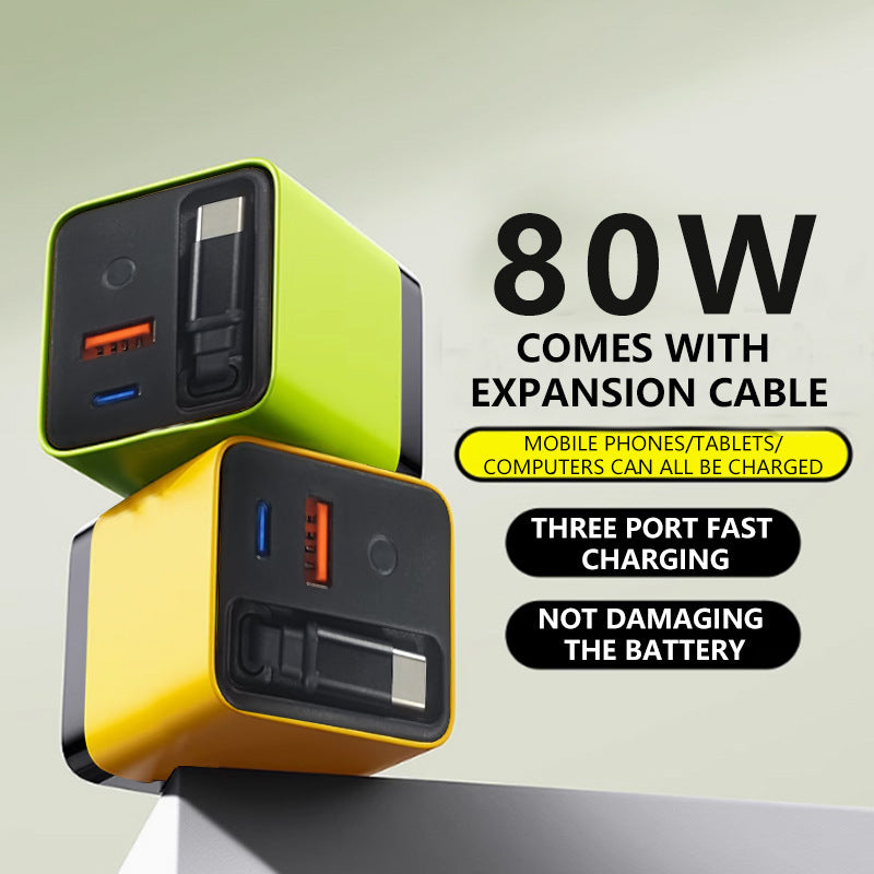 3 in 1 iPhone Smartphone Adapter GaN PD80W Fast Charger iPhone  with Type-C Cable & 1 USB+C Ports Retractable Fast Charger