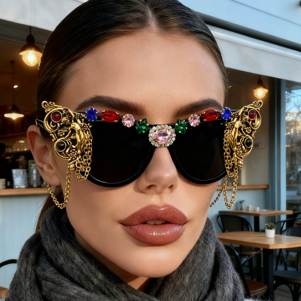 Handcrafted Vintage Angel Sunglasses Diamond-Studded Chain with Distressed Metal Unique, Bold Party Sunglasses A variety of styles available