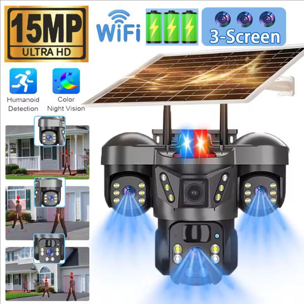 15MP Solar 3 Lens 3 Screen WiFi CCTV PIR Night Vision Camera Outdoor Surveillance Wireless Auto Tracking Security Camera