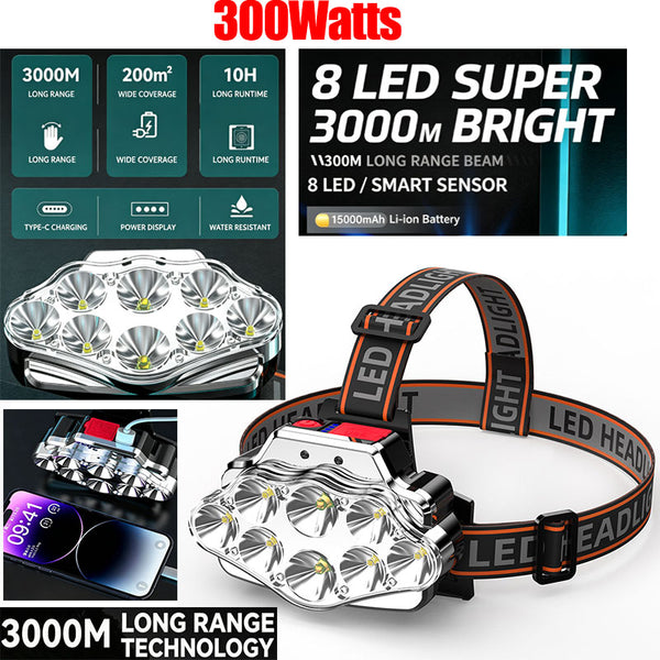 300-Watt LED Octa-Core High-Intensity Headlamp | 12-Hour Long-Lasting Outdoor Headlamp | 3,000M Long-range Beam Type-C Fast Charging with Power Bank Functionality