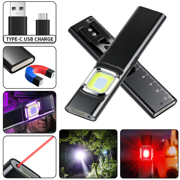 6-in-1 Multi-functional EDC Red Laser UV COB Work Light Flashlight with Magnetic Base & Integrated Ruler