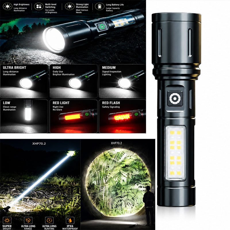 XHP70 High-Power Laser Alloy Flashlight | Mechanical Zoom · COB Side Light · Type-C Fast Charging · 6 Dimming Levels IPX6
