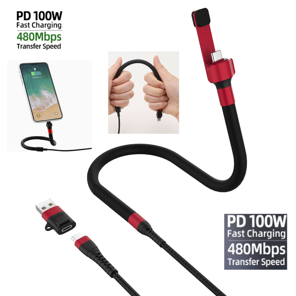 Premium 1.5m 3-in-1 Phone Stand Charger Cable USB C Cable, 100W Fast Charging Phone Stand Charging Cord 360° Flexible Goose Neck Design Data Sync Compatible with iPhone 15/16/17 Samsung Android