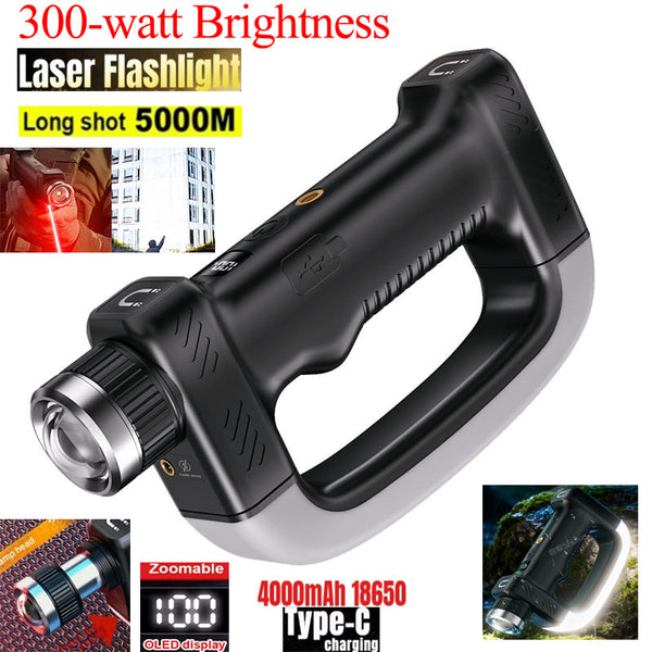 300W White Laser Zoom Tactical Torch, 5000-metre Projection Range, Triple-beam Infrared Long-range Projection, Dual Powerful Magnets, 4000mAh Extended Runtime, Rechargeable, Magnetic Attachment, Waterproof Work Light