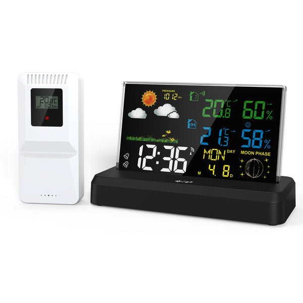 VA Color Screen Weather Station Clock | Indoor/Outdoor Temperature & Humidity Monitor | DCF Atomic Clock | Weather Forecast & Moon Phase | for Home Office – EU Plug/UK Plug