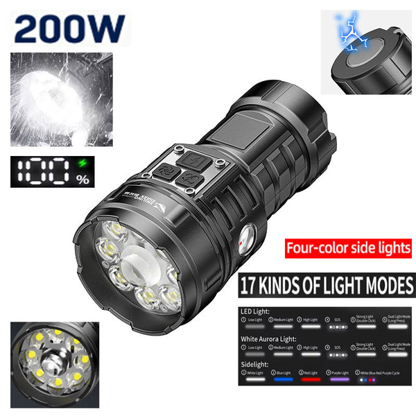 200W 13-Core Explosion-Proof 17 Modes Light Torch (9+4 Core) Ultraviolet Detection / Rear-mounted powerful magnet / LED digital display / Type-C fast charging