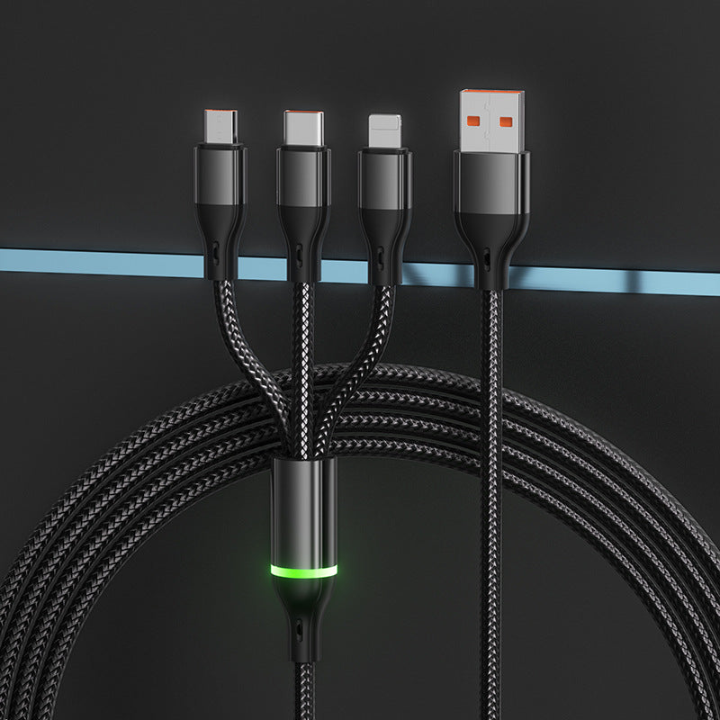 2Pcs Light-Equipped 100W Pure Copper Core Fast Charging Triple-Port Cable | Nylon Braided Single Cable for Three Devices Compatible with Huawei, Apple and Android Phones | Durable Car Fast Charging Data Cable