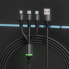 2Pcs Light-Equipped 100W Pure Copper Core Fast Charging Triple-Port Cable | Nylon Braided Single Cable for Three Devices Compatible with Huawei, Apple and Android Phones | Durable Car Fast Charging Data Cable