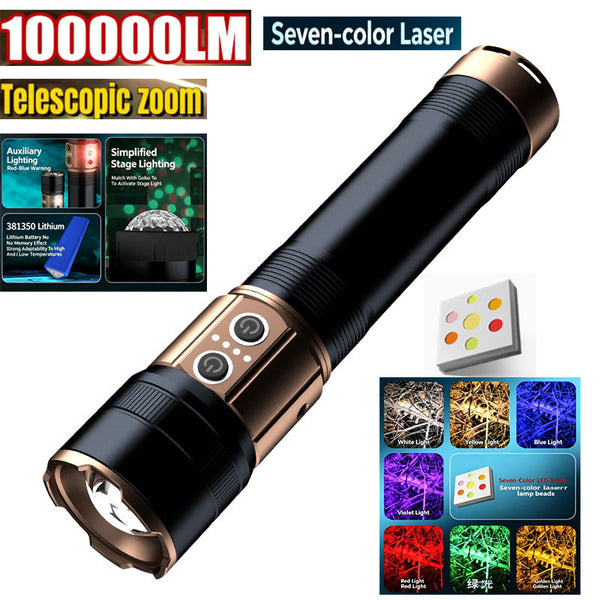 New 100000LM 7-Color Laser 10-Light Zoom Alloy Flashlight with 6000mAh 15H Runtime Red/Blue Strobe Warning Light Type-C Charging