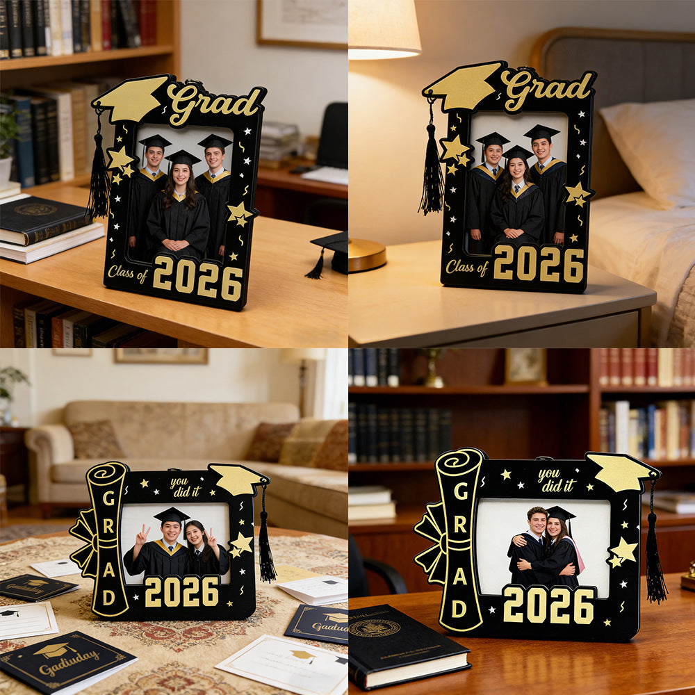 2026 Graduation Season Black and Gold Wooden Photo Frame