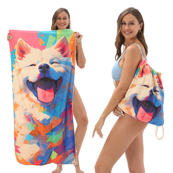 2 in 1 Foldable Bbeach Towel Storage Backpack Printed Bath and Swimming Quick Dry Towel Storage Bag