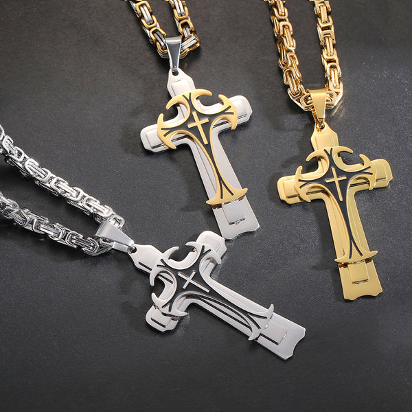 Long Titanium Steel Triple-Layer Cross Pendant Necklace 60cm Chain Length