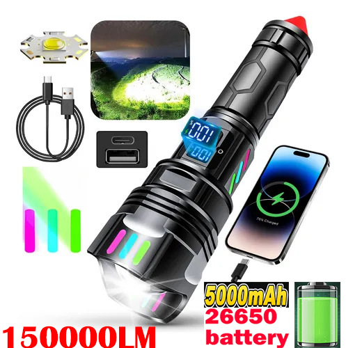 150000lm Tactical Long Shot Laser LED Flashlight Zoomable Camping Torch Built-in 5000mah 26650 Battery High Power Cell Phone Charger