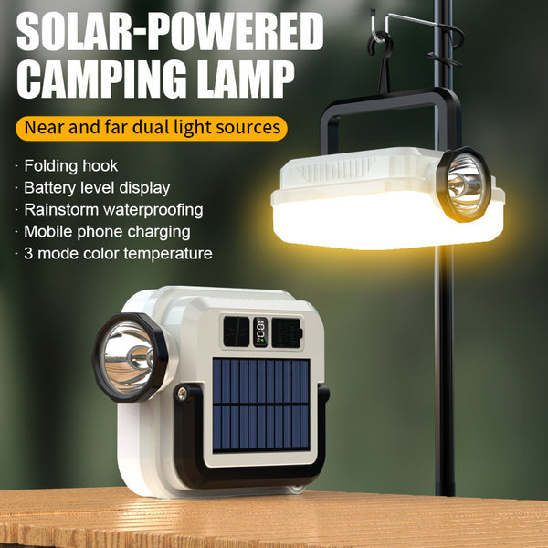 Solar-Powered Flashlight Camping Lantern & LED Work Light | Dual-Source Spotlight, Battery Display, Type-C & USB Power Bank for Outdoor Home