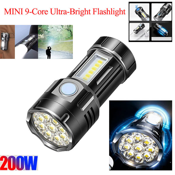 200Watts MINI 9-Core Ultra-Bright Flashlight Rechargeable Lamp with COB Side Light