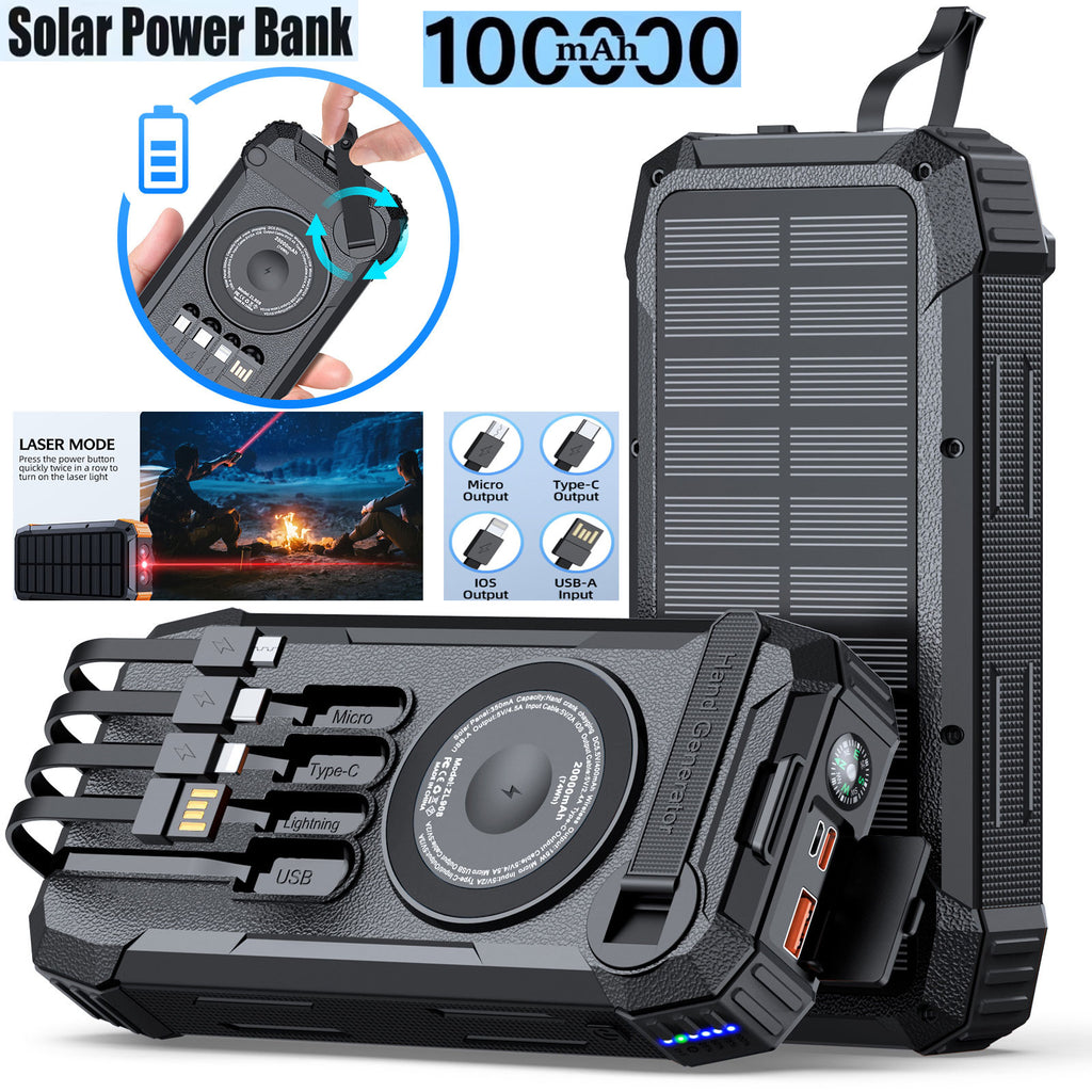 100000mAh Solar Power Bank with Red Laser 4 Built-in Cables & 5W Wireless Charging & Compass & Hand-crank Charging & LED Lighting Charge 5 Devices at Once