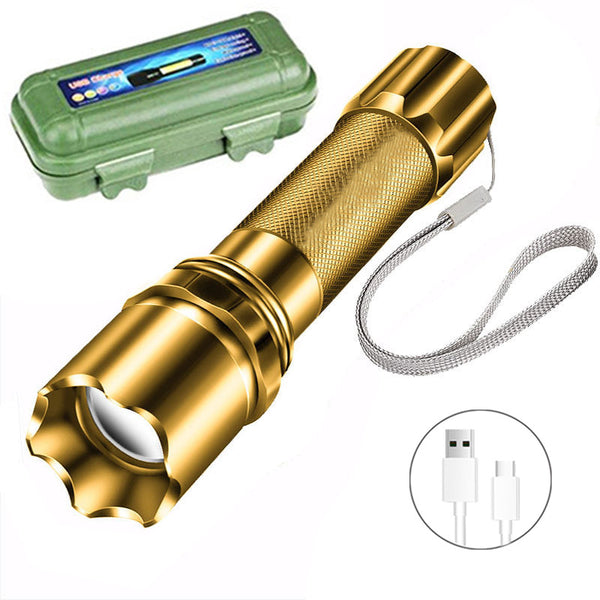 50W Gold Mini LED Alloy Flashlight Waterproof Rechargeable Light Rechargeable Super Bright Long Shot Multifunction Flashlight