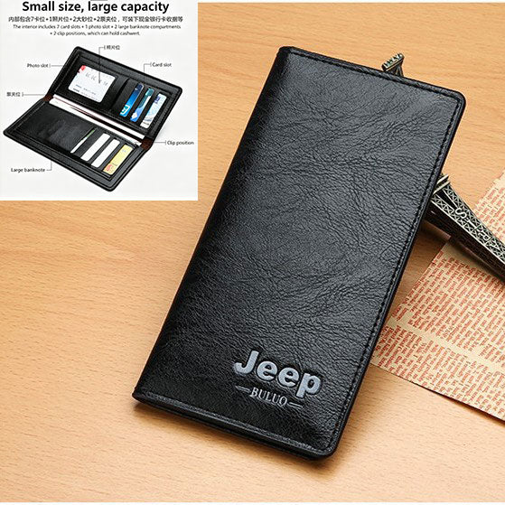 Jeep Men's Long Leather Wallet: Minimalist, Multi-Card, High-Capacity Wallet 7 card slots + 2 large bill compartments + photo slot: Stylish, minimalist bifold wallet