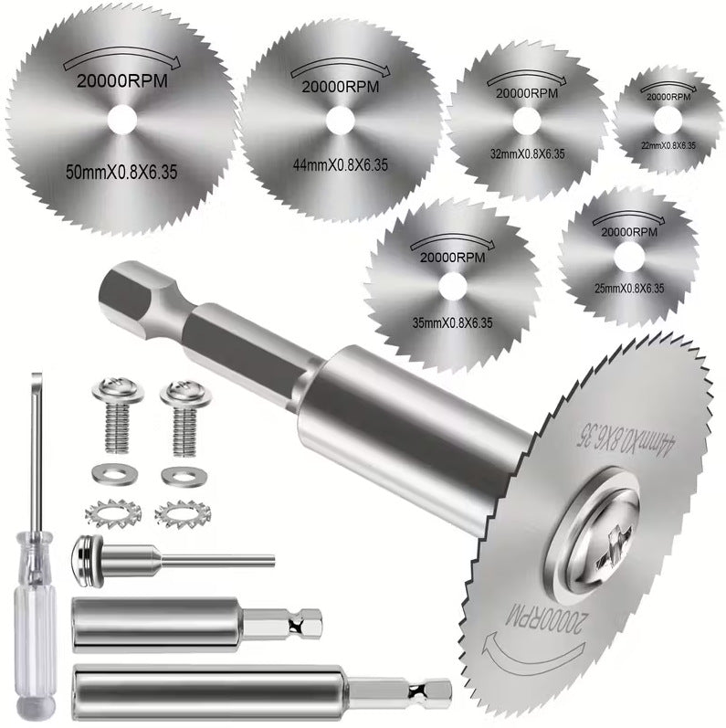 12Pcs Set Silver Saw Blade 6 22-50mm High-Speed Steel Cutting Discs+3-Specification Connecting Rod Compatible with 6.35mm and 3mm Shank Diameters Universal for Wood/Plastic/PVC/Acrylic