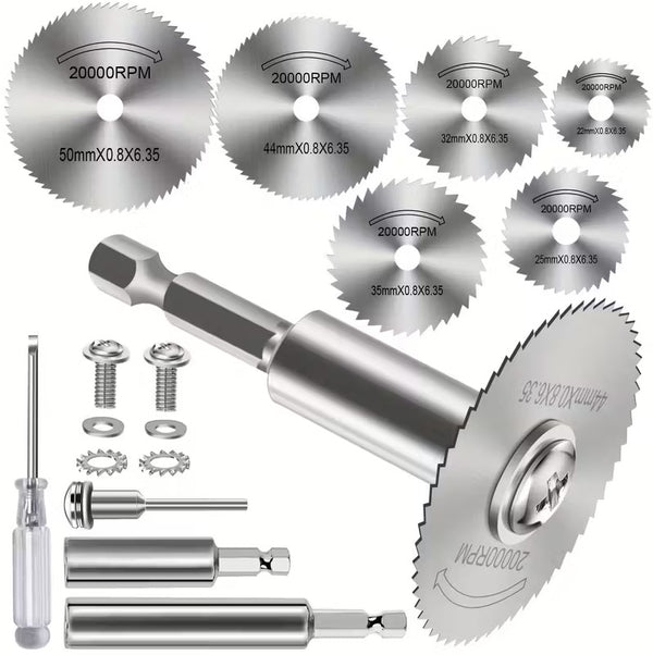 12Pcs Set Silver Saw Blade 6 22-50mm High-Speed Steel Cutting Discs+3-Specification Connecting Rod Compatible with 6.35mm and 3mm Shank Diameters Universal for Wood/Plastic/PVC/Acrylic