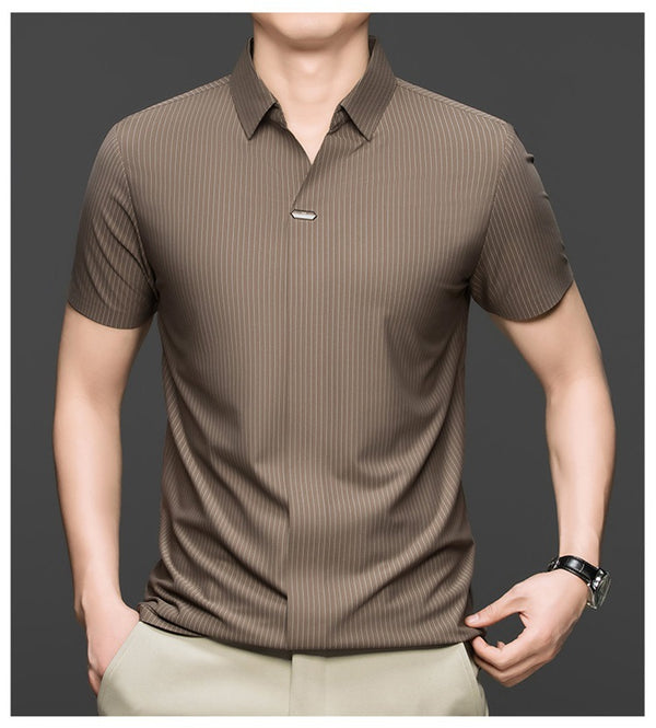 Summer Men's Striped Lapel Polo Business Casual Comfortable Version Trend Scissors Collar Cold Short-sleeved T-shirt Top