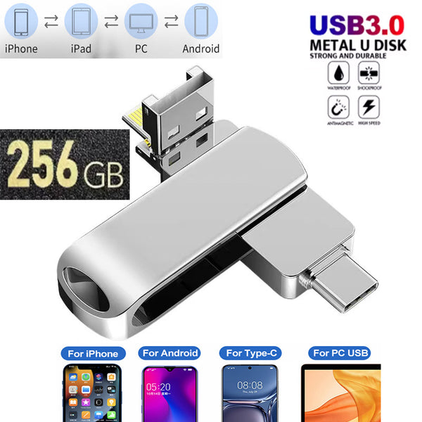 256GB 4 in 1 iPhone USB Flash Drive USB 3.0,Mirco USB,Type-C IOS Port for iPhone/Android/MacBook/Computer/TV