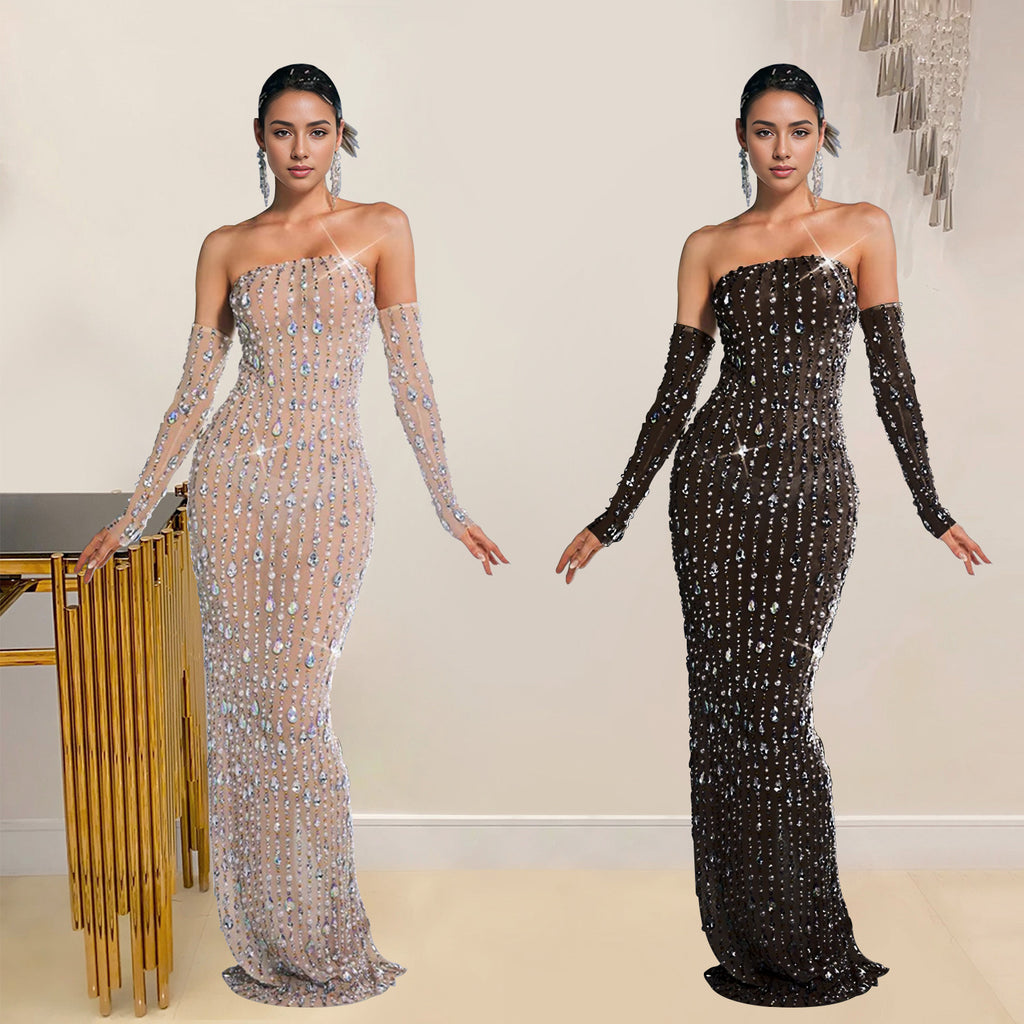 Strapless Beautiful Dresses With Sleeve Luxury Clothes For Women Diamond Long Dress For Ball Birthday