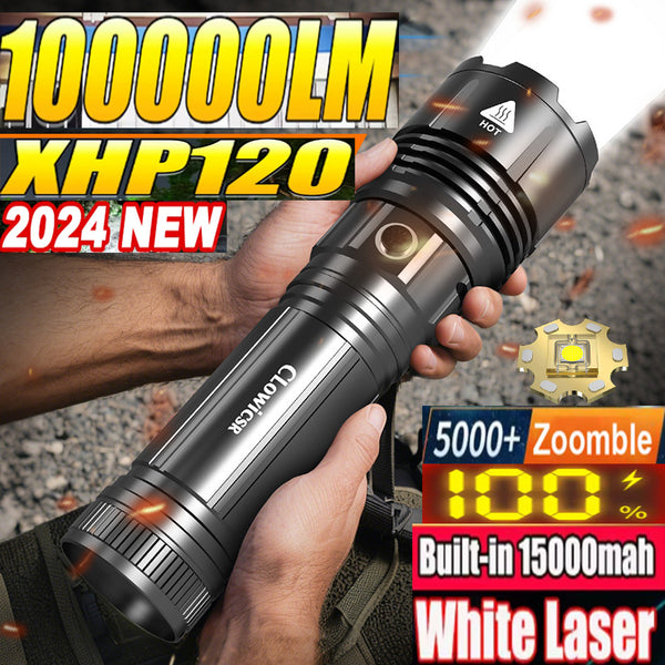 Jumbo XHP120 White Laser 100000 Lumens Alloy Flashlight With 3pcs 15000mah 18650 Rechargeable Batteries Endurance 12-24 Hours Long Range 5km Waterproof