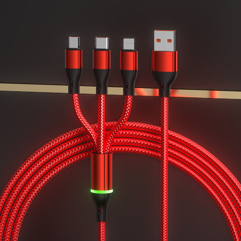 2Pcs Light-Equipped 100W Pure Copper Core Fast Charging Triple-Port Cable | Nylon Braided Single Cable for Three Devices Compatible with Huawei, Apple and Android Phones | Durable Car Fast Charging Data Cable