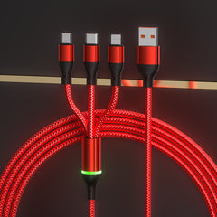2Pcs Light-Equipped 100W Pure Copper Core Fast Charging Triple-Port Cable | Nylon Braided Single Cable for Three Devices Compatible with Huawei, Apple and Android Phones | Durable Car Fast Charging Data Cable