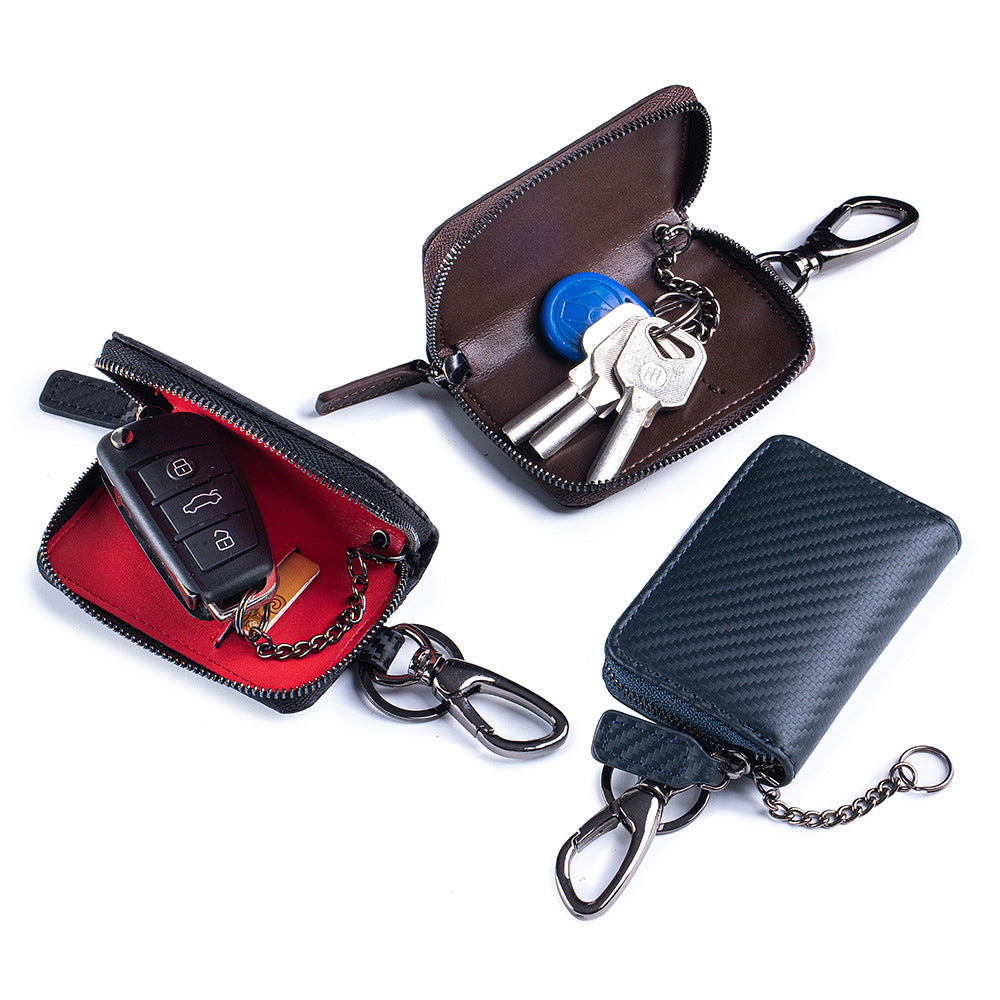 Carbon Fiber Leather Waist Key Wallet | Portable Car Key Holder with RFID/NFC Card Slot | Hands-Free Belt Clip Keychain Pouch