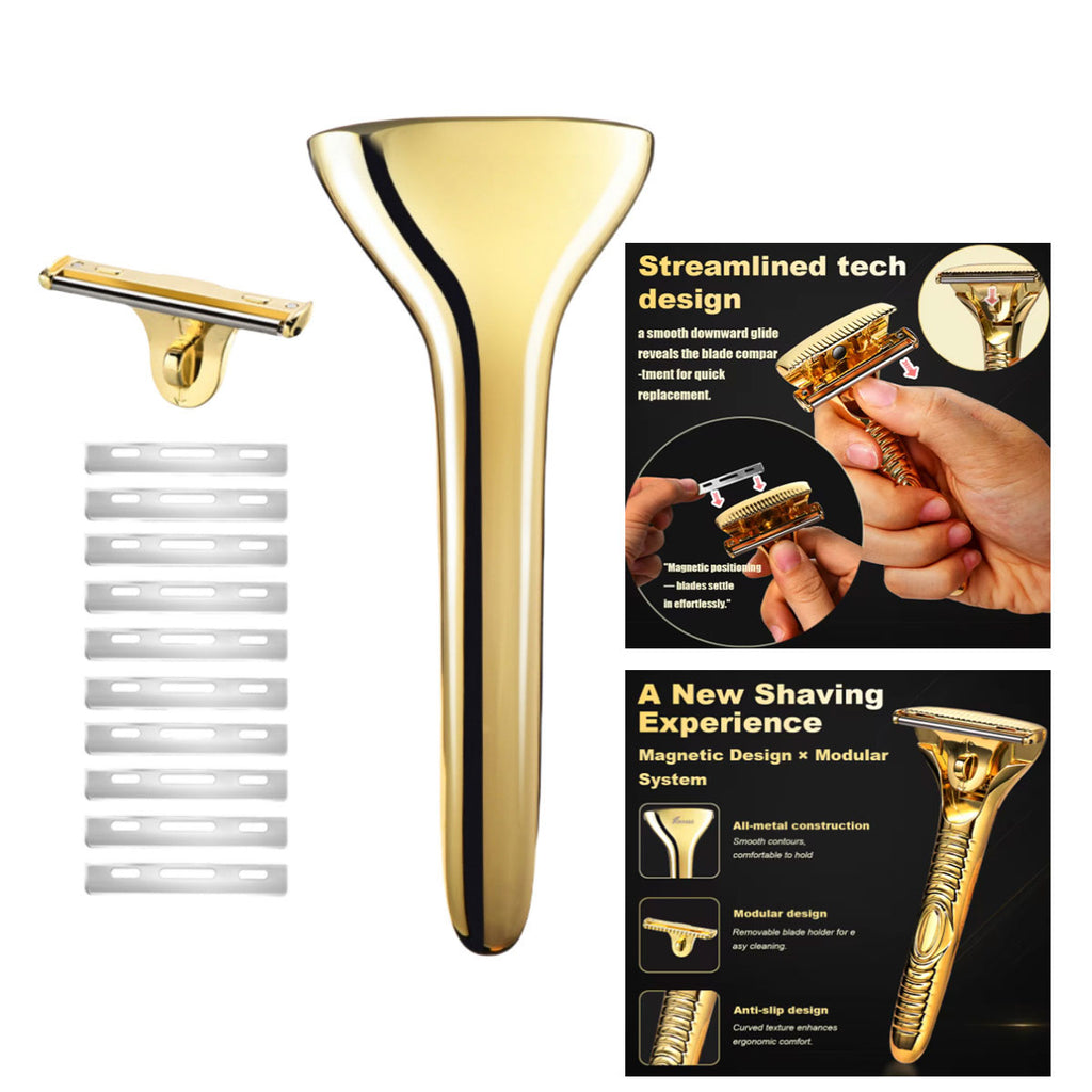 Premium Magnetic Modular Shaver With 10-blade Zinc Alloy Magnetic Razor | One-second Blade Replacement 30-degree Shaving Angle Unisex Shaving Set