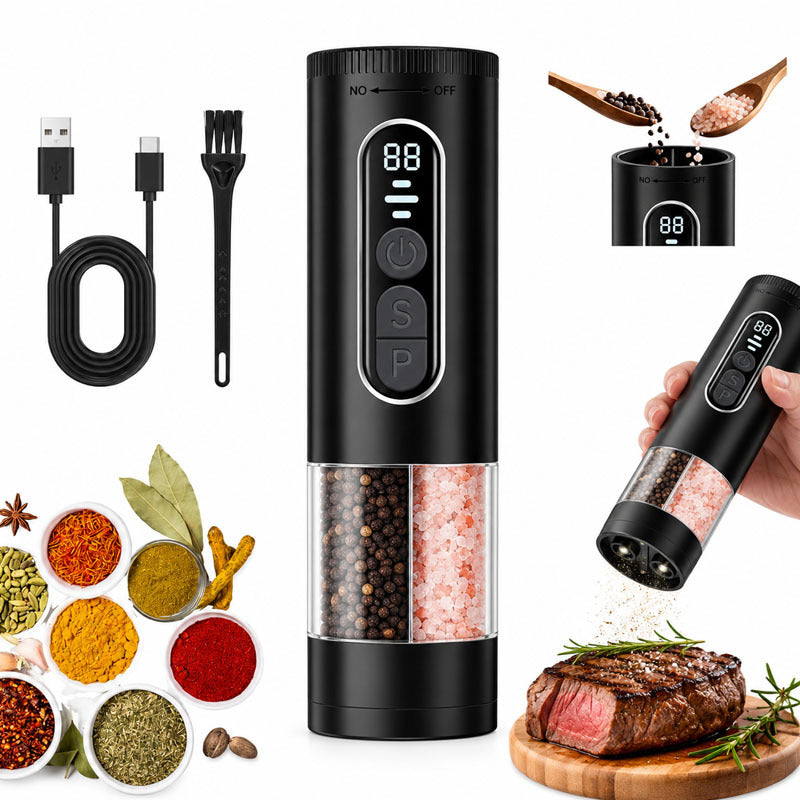 2-in-1 Dual Compartment Electric Salt and Pepper Grinder Set –Rechargeable, 5 Adjustable Coarseness, Type-C Charging, LED Display