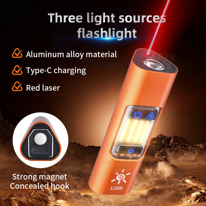 EDC Three-Light Source Flashlight with Red Laser One Light, Three Functions 13 Lighting Modes Aluminum Alloy Hidden Hook Ruler on the Back Panel