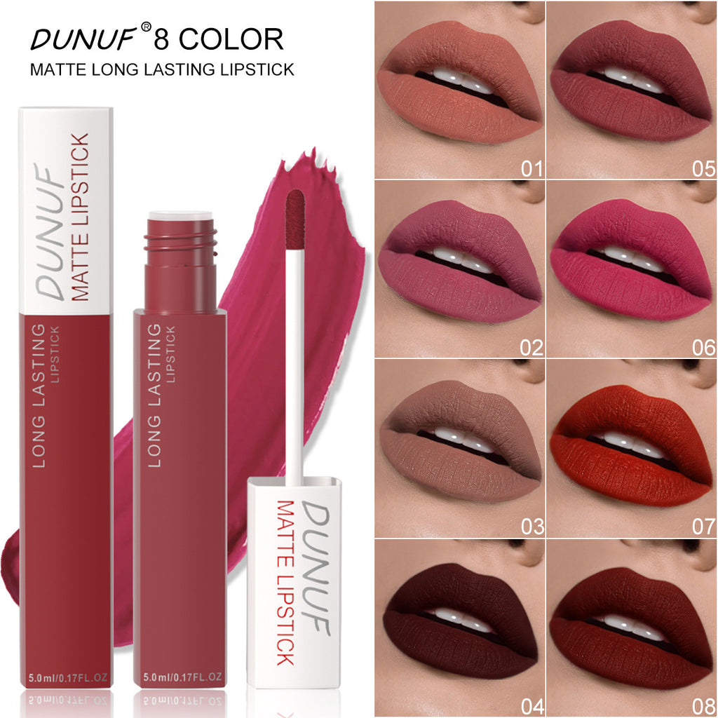 DUNUF 8-Shade Long-Lasting Matte Lip Gloss Smudge-proof, waterproof and sweat-resistant Colour stays put for 8 hours without transferring onto cups or leaving marks on lips