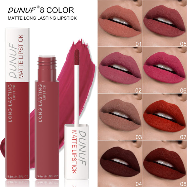 DUNUF 8-Shade Long-Lasting Matte Lip Gloss Smudge-proof, waterproof and sweat-resistant Colour stays put for 8 hours without transferring onto cups or leaving marks on lips